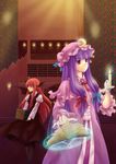  ahoge bangs bat_wings blunt_bangs book bookshelf candle crescent door hair_ribbon hat head_wings juuniya_gekkatsuru koakuma library long_hair magic_circle multiple_girls patchouli_knowledge purple_eyes purple_hair red_eyes red_hair ribbon touhou voile wings 