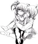  1girl blush greyscale hetero hug lyrical_nanoha mahou_shoujo_lyrical_nanoha monochrome socks takamachi_nanoha thighhighs twintails yuuno_scrya 