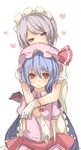  bad_id bad_pixiv_id bat_wings blue_eyes blue_hair braid gloves heart hug izayoi_sakuya maid maid_headdress meet_neet multiple_girls red_eyes remilia_scarlet short_hair silver_hair touhou twin_braids wings 