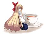  blonde_hair blue_eyes cup doll kakura_yoshiki long_hair ribbon shanghai_doll solo tea teacup touhou 