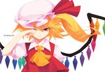  blonde_hair flandre_scarlet hat jpeg_artifacts mzh ponytail red_eyes short_hair side_ponytail simple_background solo tears touhou upper_body wings wiping_tears 