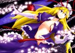 aono3 blonde_hair breasts cleavage elbow_gloves gloves hat large_breasts long_hair open_clothes open_shirt purple_eyes ribbon shirt solo touhou yakumo_yukari 
