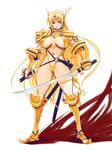  armor bikini_armor blonde_hair blue_eyes breasts cameltoe cleavage covered_nipples dual_wielding earrings gold_armor highres holding jewelry katana large_breasts legs long_hair midriff mugen_no_fantasia navel ryoji_(nomura_ryouji) slingshot_swimsuit solo swimsuit sword thighhighs thighs weapon yellow 