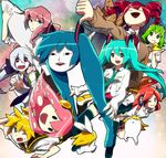  5girls :d abe_(f!mixture) ahoge alternate_costume aqua_eyes aqua_hair bad_id bad_pixiv_id baguette bread crossover food green_hair gumi hatsune_miku highres kagamine_len kagamine_rin kasane_teto long_hair mask megurine_luka meme multiple_girls one_eye_closed open_mouth pink_hair red_hair rin_no_youchuu school_uniform sf-a2_miki shiteyan'yo skirt smile takoluka thumbs_down tuna twintails utau vocaloid voyakiloid what yowane_haku 