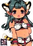  2010 :o animal_ears bikini blue_eyes child copyright_request fang green_hair hair_ornament long_hair new_year open_mouth solo swimsuit tail tiger_ears tiger_tail wrist_cuffs yajiro_masaru 