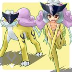  fangs gen_2_pokemon lowres moemon personification pokemon pokemon_(creature) raikou red_eyes silver_hair tenjou_ryuka topless 