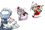  :&lt; bat_wings blonde_hair blood blue_hair flandre_scarlet hat izayoi_sakuya maid multiple_girls nosebleed nyoron_(fudegatana) remilia_scarlet short_hair silver_hair touhou wings 