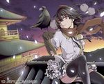  architecture bird bird_on_hand black_hair black_legwear crow east_asian_architecture expressionless face gauntlets gloves hat looking_at_viewer pagoda red_eyes rooftop scarf serious shameimaru_aya short_hair sitting skirt sky solo thighhighs tokin_hat touhou uousa-ou zettai_ryouiki 