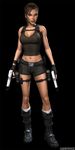  3d bare_shoulders bike_shorts boots breasts brown_hair cleavage female fingerless_gloves gloves gun lara_croft large_breasts legs long_hair midriff navel pistol ponytail shirt shorts simple_background socks solo standing tomb_raider weapon 