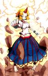  221_(tsutsuichi) ankle_cuffs barefoot blonde_hair cosplay green_eyes highres horn hoshiguma_yuugi hoshiguma_yuugi_(cosplay) mizuhashi_parsee navel short_hair solo touhou 