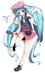  animal_hat aqua_eyes aqua_hair armband bad_id bad_pixiv_id bow casual hair_bow hair_ornament hair_ribbon hairclip hat hatsune_miku heart highres legs long_hair microphone necktie ribbon simple_background skirt smile solo take_shinobu twintails very_long_hair vocaloid watch wristwatch 