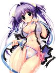  absurdres ahoge bikini blue_eyes blush breasts bubble highres hose long_hair looking_at_viewer medium_breasts navel open_clothes open_shirt original oshiki_hitoshi purple_hair see-through shirt simple_background smile solo swimsuit twintails water wet white_background 
