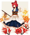  bad_id bad_pixiv_id breasts cleavage clog_sandals collarbone floral_background flower hair_bobbles hair_ornament japanese_clothes medium_breasts nosuku onozuka_komachi pose red_eyes red_hair scythe short_hair smile smirk socks solo spider_lily tabi touhou two_side_up white_legwear 