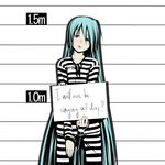  :&lt; alternate_hairstyle antuku blue_eyes blue_hair bored cuffs english frown handcuffs hatsune_miku highres long_hair mugshot prison prison_clothes shirt sign sign_holding solo striped striped_shirt tsukuan very_long_hair vocaloid 