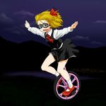  :d blonde_hair blouse fang flying goggles ground_vehicle hair_ribbon hop-step-jump lights mary_janes necktie night open_mouth outstretched_arms red_eyes red_neckwear ribbon rumia shoes short_hair skirt smile socks solo spread_arms touhou unicycle vest white_legwear 