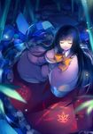  bamboo bamboo_forest bangs black_hair blunt_bangs blurry bow bowtie closed_eyes depth_of_field fireflies forest houraisan_kaguya japanese_clothes long_hair nature night path road sheska_xue sitting smile solo touhou very_long_hair water wide_sleeves 