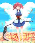  arms_behind_back bare_legs breasts cloud day flower hair_bobbles hair_ornament large_breasts obi onozuka_komachi red_eyes red_hair sash scythe short_hair sky smile solo spider_lily standing tatwuku touhou two_side_up weapon 