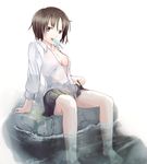  arm_support bad_id bad_pixiv_id barefoot breasts brown_eyes brown_hair cleavage collarbone dress_shirt food medium_breasts mouth_hold no_bra open_clothes open_shirt original pleated_skirt popsicle shintani_kyou shirt short_hair sitting skirt skirt_lift soaking_feet solo water wet wet_clothes wet_shirt wet_skirt 