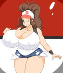  blue_eyes breasts brown_hair cleavage curvy hat huge_breasts long_hair mound_of_venus no_bra pants plump pokemon puffy_nipples shirt shorts smile solo standing thick_thighs touko_(pokemon) wink zeon_(pixiv722928) 