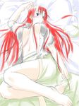  bad_id bad_pixiv_id barefoot blue_eyes blush breasts dress_shirt hat hat_removed headwear_removed highres hong_meiling long_hair lying medium_breasts niwatazumi no_bra on_back open_clothes open_shirt red_hair shirt solo thighs touhou 