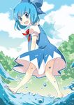  barefoot blue_eyes blue_hair blush bow cirno dress hair_bow ice ice_wings pop_(lovelikepop) short_hair solo touhou water wings 