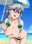  :d beach beach_umbrella bikini bow braid breast_hold breasts cleavage day eyewear_on_head grey_hair hair_bow hayashi_custom izayoi_sakuya large_breasts leaning_forward long_hair lowleg lowleg_bikini ocean open_mouth outdoors red_eyes side-tie_bikini smile solo sunglasses swimsuit touhou twin_braids umbrella undone water 