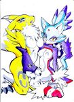  abstract_background amber_eyes anthro black_sclera blaze_the_cat blue blue_eyes blue_fur breasts canine cat clothed clothing crossover digimon digitigrade facial_markings feline female fox fur gloves half-dressed mammal markings nipples partially_clothed plain_background purple purple_clothing renamon sega simple_background sonic_(series) tail unknown_artist white_background yellow yellow_fur 