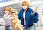  blonde_hair blue_eyes blue_jacket bomber_jacket child denim dog imasan jacket jeans john_(tiger_&amp;_bunny) keith_goodman male_focus multiple_boys one_eye_closed pants thumbs_up tiger_&amp;_bunny time_paradox younger 