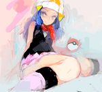  blue_eyes blue_hair boots drawr hat hikari_(pokemon) holding holding_poke_ball long_hair oekaki pink_footwear poke_ball poke_ball_(generic) pokemon sitting smile solo 