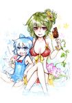  :d bikini blue_eyes blue_hair bow breasts casual_one-piece_swimsuit cirno cleavage crossed_legs flower food fruit green_hair hair_bow hair_flower hair_ornament highres ice_cream kazami_yuuka licking_lips medium_breasts midriff multiple_girls one-piece_swimsuit open_mouth plaid plaid_bikini plant ponytail popsicle red_eyes sakurai_haruto short_hair side_ponytail sitting smile sunflower swimsuit tongue tongue_out touhou traditional_media water watermelon_bar wings 