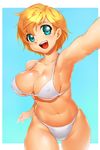  aqua_eyes arm_up armpits bikini blonde_hair breasts cleavage collarbone covered_nipples face groin halterneck highres large_breasts navel onsoku_maru open_mouth original revision short_hair simple_background solo swimsuit white_bikini 