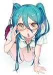  :o adjusting_eyewear all_fours aqua_hair bad_id bad_pixiv_id bespectacled face foreshortening full_body glasses hair_over_shoulder hands hatsune_miku highres kneehighs long_hair looking_at_viewer noco_(adamas) pleated_skirt ribbon school_uniform shoes simple_background skirt solo twintails uwabaki v-shaped_eyebrows vocaloid white_legwear yellow_eyes 