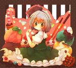  bad_id bad_pixiv_id black_hairband blush candy candy_cane cream doughnut food fruit green_eyes grey_hair hairband highres hitodama holding konpaku_youmu looking_at_viewer nanahamu peach pocky short_hair solo star strawberry touhou 