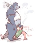  anthro big_dom_small_sub clothed clothing dialogue dramamine duo english_text erection fellatio forced forced_oral hand_on_head male male/male mammal open_mouth oral overweight overweight_male sex size_difference smile text ursid 