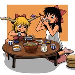  :p alternate_costume barefoot black_hair bow bowl camisole casual chain chopsticks cuffs eating food hair_bow hair_tubes hakurei_reimu horns ibuki_suika long_hair multiple_girls onikobe_rin orange_hair sitting socks table tongue tongue_out touhou wariza wrist_cuffs 