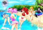  adapted_costume akemi_homura bad_id bad_pixiv_id barefoot beach bikini casual_one-piece_swimsuit charlotte_(madoka_magica) day fish innertube kaname_madoka kyubey long_hair mahou_shoujo_madoka_magica miki_sayaka multiple_girls one-piece_swimsuit outdoors sakura_kyouko see-through skirt splashing swimsuit tomoe_mami untying wading walpurgisnacht_(madoka_magica) wardrobe_malfunction water yamasan_(hachiman) 