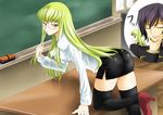  all_fours ass black_hair black_legwear black_thighhighs c.c. cc ccllsaikou chalkboard code_geass dress_shirt eyes_closed female glasses green_hair high_heels lelouch_lamperouge long_hair looking_back male miniskirt pixiv_manga_sample shirt shoes short_hair skirt teacher thighhighs white_shirt yellow_eyes 