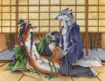  balls canine crossdressing duo erection fox gay geisha heather_bruton male mammal penis samurai samuri surprise undressing wolf 