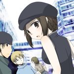  3boys bad_id bad_pixiv_id black_hair blonde_hair brown_eyes brown_hair character_request closed_eyes durarara!! hat hood hoodie kadota_kyouhei karisawa_erika mirei_yumia multiple_boys short_hair yumasaki_walker 