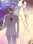  1girl bad_id bad_pixiv_id bare_shoulders blonde_hair blue_eyes blurry bob_cut bow bowtie cis_(tiger_&amp;_bunny) depth_of_field dress english flower formal gloves hair_ornament highres keith_goodman rose scr.e short_hair suit tiger_&amp;_bunny white_hair 