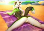  2019 5_fingers anthro beach canid canine canis day detailed_background digital_media_(artwork) dingo female green_eyes green_nose green_pussy kammi-lu lying mammal on_front outside pussy sand seaside sky smile solo 