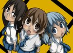  aioi_yuuko ayame_(0419) black_hair blue_eyes blue_hair brown_eyes brown_hair from_above glasses hair_cubes hair_ornament minakami_mai multiple_girls naganohara_mio necktie nichijou open_mouth school_uniform short_twintails tokisadame_school_uniform twintails 