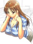  arm_support blush breasts brown_eyes brown_hair cleavage collarbone covered_nipples curvy kamisama_dolls large_breasts leaning_forward long_hair mizoro_tadashi shadow shiba_hibino shirt smile solo striped striped_shirt t-shirt table 