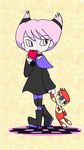  apple boots cartoon_network character_doll checkered checkered_floor dc_comics doll food fruit jinx kid_flash patterned_legwear pink_eyes pink_hair striped striped_legwear striped_stockings stuffed_toy teen_titans thighhighs two-tone_stripes 