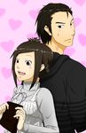  1girl bag black_hair brown_eyes brown_hair durarara!! highres hood hoodie kadota_kyouhei karisawa_erika short_hair smile 