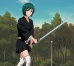  bleach green_hair japanese_clothes kimono kujo_nozomi kujou_nozomi purple_eyes screencap short_hair stitch stitched sword weapon 