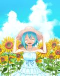  bad_id bad_pixiv_id banned_artist bare_shoulders blue_hair closed_eyes cloud day dress flower frills gonzaburou hair_ornament hairclip hat highres mahou_shoujo_madoka_magica miki_sayaka open_mouth short_hair sky smile solo straw_hat sundress sunflower 