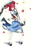  absurdres black_eyes breasts clog_sandals full_body hair_bobbles hair_ornament highres japanese_clothes leaf maple_leaf medium_breasts moudoko onozuka_komachi red_hair scythe shoes short_hair solo standing tabi touhou traditional_media two_side_up watercolor_(medium) white_legwear 