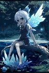  bare_legs barefoot blue_dress blue_eyes bow cirno dress forest frozen hair_bow ice ice_wings letterboxed md5_mismatch nature night open_mouth pond ranka_(tonbo) shirt short_hair silver_hair sitting smile solo touhou water wings 