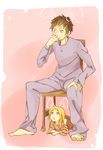  1girl :&lt; animal_ears blonde_hair bunny_ears chair child food kaga_rin kagano_(rebanonn) kawachi_daikichi long_hair lying onigiri open_mouth pajamas sitting usagi_drop yellow_eyes 